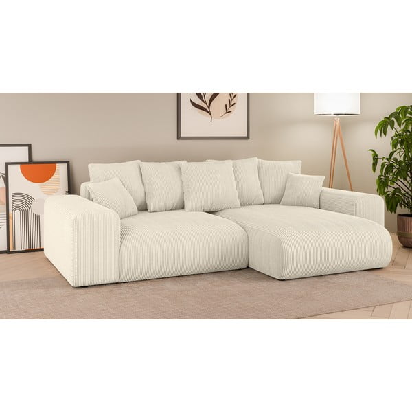 Kremowy sztruksowy rozkładany narożnik ze schowkiem (strona zmienna) Luma – Ropez-image-1