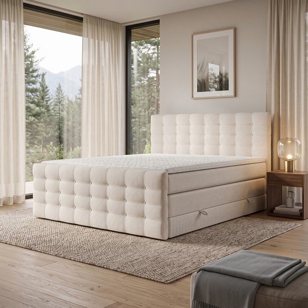 Kremowe łóżko boxspring ze schowkiem 200x200 cm Blend – Maison de Rêve-image-1