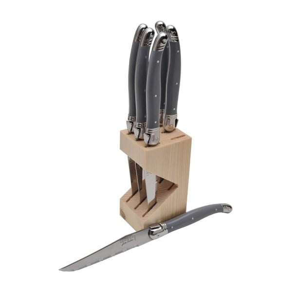 Zestaw 6 szarych noży do steków w drewnianym bloku Jean Dubost