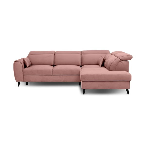 Różowy aksamitny rozkładany/ze schowkiem narożnik (prawostronny/w kształcie litery L) Noble – ELTAP