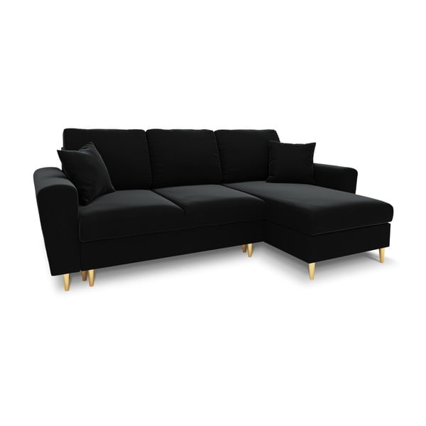 Czarny aksamitny rozkładany narożnik ze schowkiem Kyoto – Cosmopolitan Design