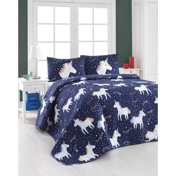 Zestaw pikowanej narzuty na łóżko i 2 poszewek na poduszki Eponj Home Magic Unicorn Dark Blue, 200x220 cm