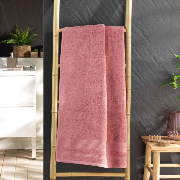 Różowy bawełniany ręcznik kąpielowy frotte 70x130 cm Tendresse – douceur d'intérieur-image-1