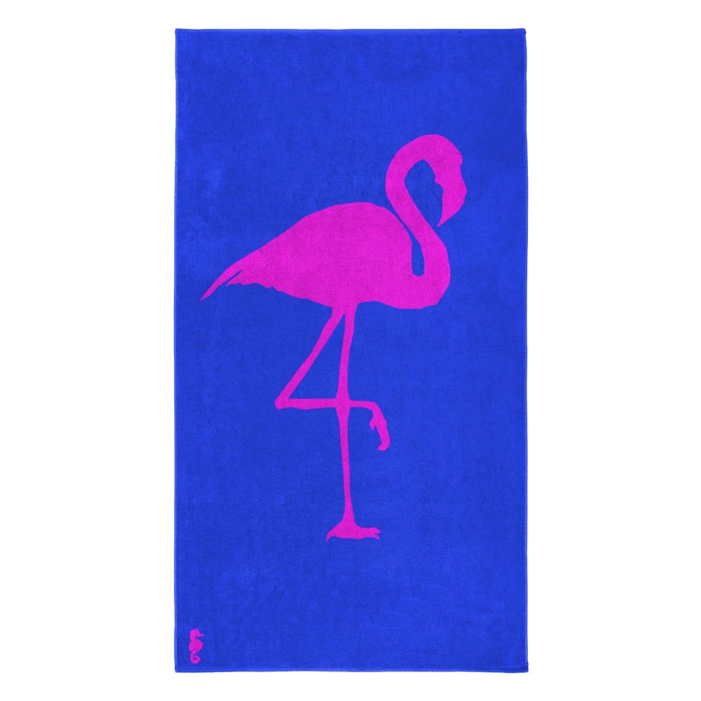 Niebieski ręcznik bawełniany Seahorse Flamingo, 180 x 100 cm