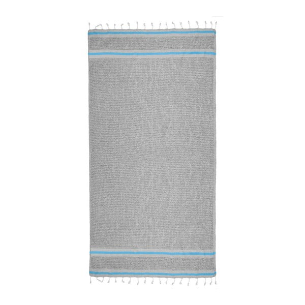 Szary ręcznik hammam z jasnoniebieskimi detalami Begonville Avola, 170x90 cm