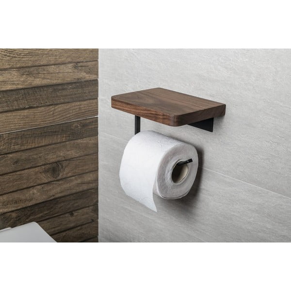 Brązowy drewniany uchwyt ścienny na papier toaletowy z półką – Sapho-image-1