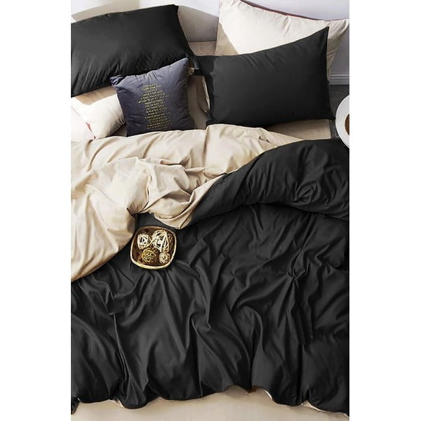 Czarno-kremowa bawełniana pościel dwuosobowa z prześcieradłem 200x220 cm – Mila Home-image-3