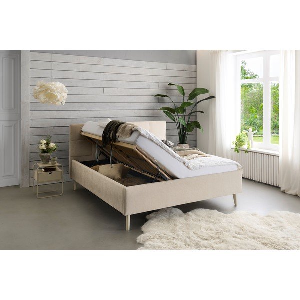 Beżowe tapicerowane łóżko dwuosobowe ze schowkiem ze stelażem 180x200 cm Nova – Meise Möbel-image-2