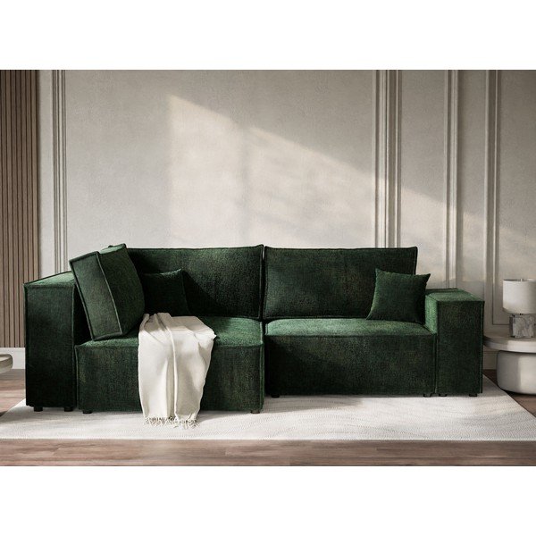 Ciemnozielony rozkładany/ze schowkiem narożnik z tkaniny szenilowej (lewostronny/w kształcie litery L) Tonga – Maison de Rêve-image-1
