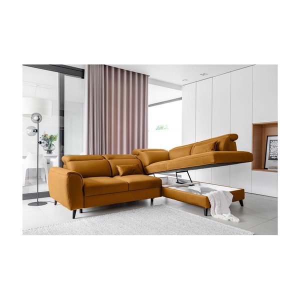 Żółty aksamitny rozkładany/ze schowkiem narożnik (prawostronny/w kształcie litery L) Noble – ELTAP-image-3