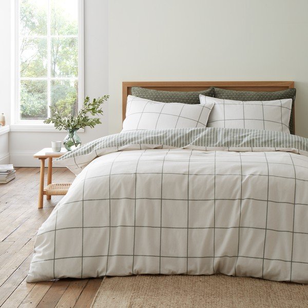 Zielona/kremowa flanelowa pościel jednoosobowa 135x200 cm Brushed Regal Check – Bianca-image-1