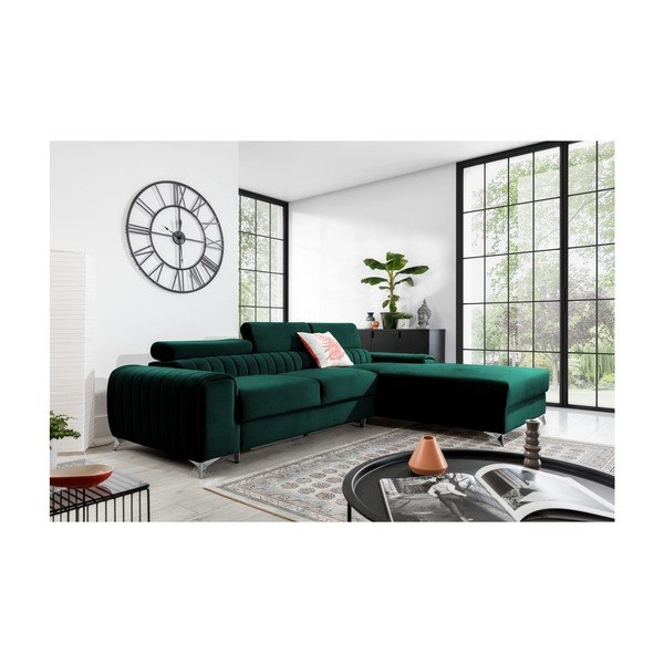 Zielony aksamitny rozkładany/ze schowkiem narożnik (prawostronny/z szezlongiem) Grayson – ELTAP-image-1