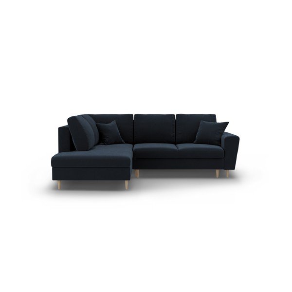 Ciemnoniebieski aksamitny rozkładany narożnik ze schowkiem (lewostronny/w kształcie litery L) Kyoto – Cosmopolitan Design