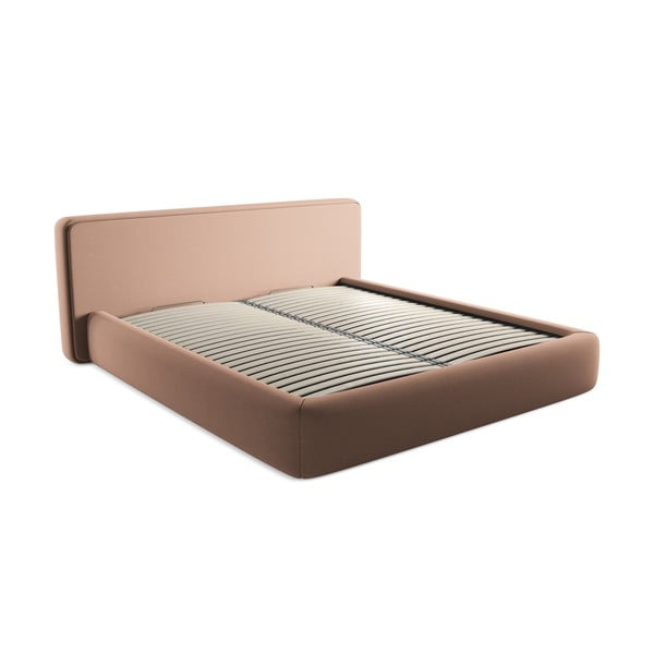 Jasnoróżowe tapicerowane łóżko dwuosobowe ze schowkiem i stelażem 180x200 cm Kiana – Makamii