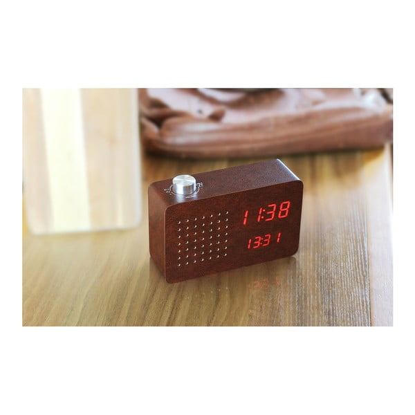 Ciemnobrązowy budzik z czerwonym wyświetlaczem LED i radiem Gingko Radio Click Clock-image-3