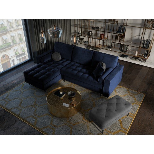 Niebieski aksamitny rozkładany narożnik Milo Casa Santo, lewostronny-image-1