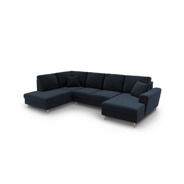 Ciemnoniebieski aksamitny rozkładany narożnik ze schowkiem (lewostronny/w kształcie litery U) Kyoto – Cosmopolitan Design-image-1