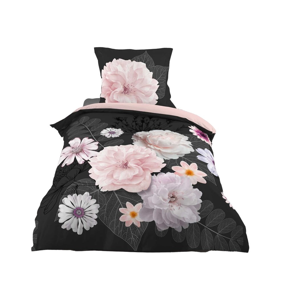 Czarna/różowa bawełniana pościel jednoosobowa 140x200 cm Floral – douceur d'intérieur