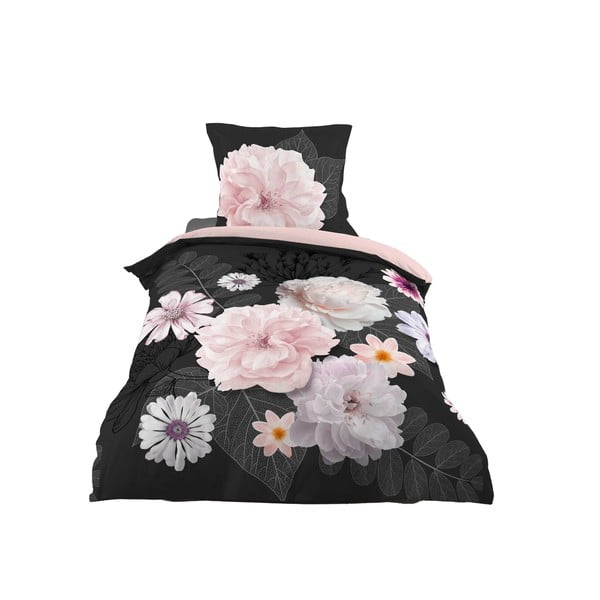 Czarna/różowa bawełniana pościel jednoosobowa 140x200 cm Floral – douceur d'intérieur