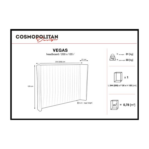 Szary zagłówek łóżka Cosmopolitan design Vegas, 200x120 cm-image-2