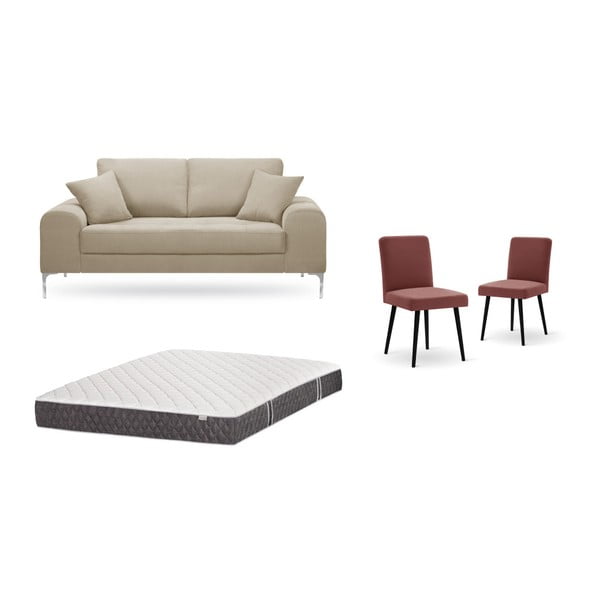Zestaw 2-osobowej szarobeżowej sofy, 2 czerwonych krzeseł i materaca 140x200 cm Home Essentials
