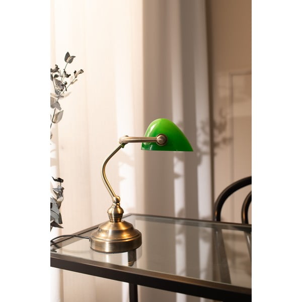 Zielona lampa stołowa z podstawą w kolorze mosiądzu Markslöjd Bankers, wys. 25 cm-image-3