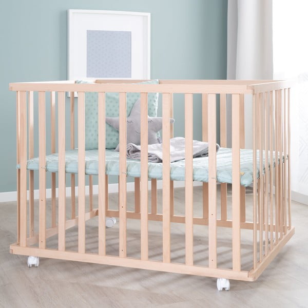 Kojec dla dzieci na kółkach z regulowaną wysokością 75x100 cm w naturalnym kolorze Style – Roba-image-3