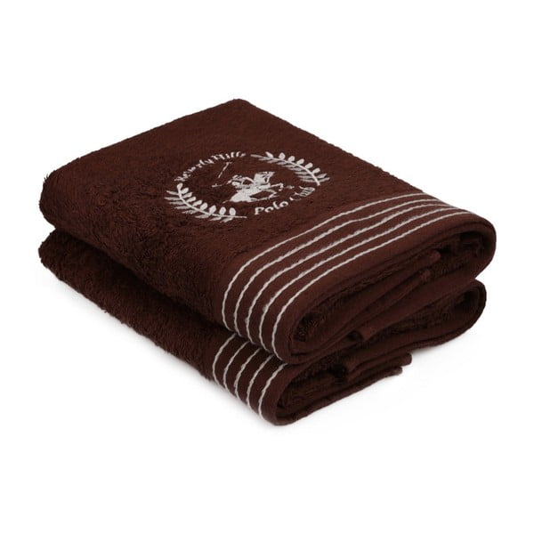 Zestaw dwóch brązowych ręczników z szarym detalem Beverly Hills Polo Club Horses, 90x50 cm
