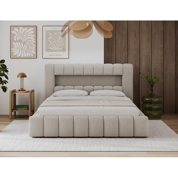 Beżowe tapicerowane łóżko dwuosobowe ze schowkiem ze stelażem 160x200 cm Lamica – ELTAP-image-3