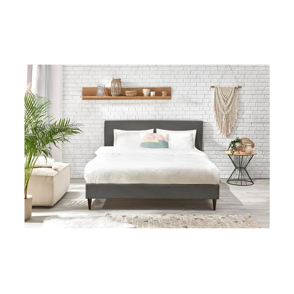 Antracytowe tapicerowane łóżko dwuosobowe ze stelażem 180x200 cm Anja – Bobochic Paris-image-4