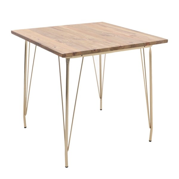 Stół z blatem z drewna wiązu i metalowymi nogami w kolorze złota InArt, 80x80 cm