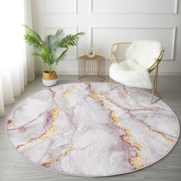 Jasnoróżowy/w kolorze złota okrągły dywan odpowiedni do prania ø 120 cm Marble – Mila Home-image-1