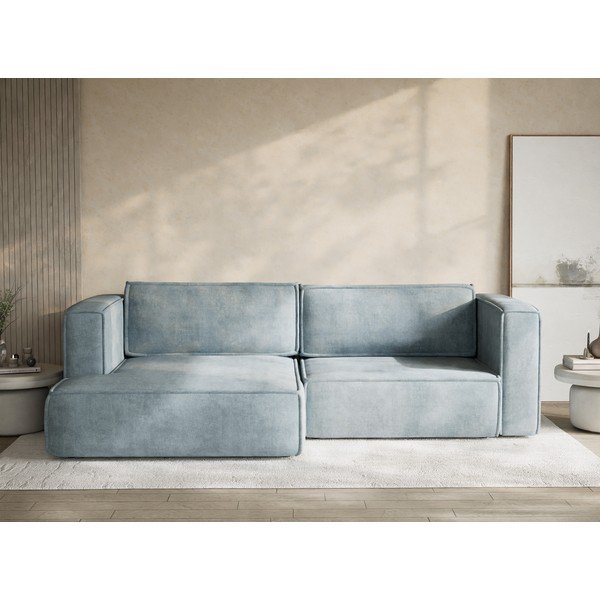 Jasnoniebieski rozkładany/ze schowkiem narożnik z tkaniny szenilowej (lewostronny/z szezlongiem) Velto – Maison de Rêve-image-1