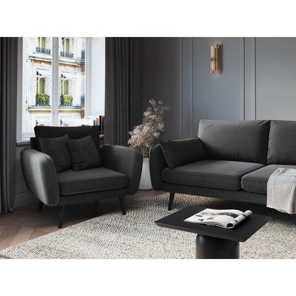 Ciemnoszary aksamitny fotel z czarnymi nogami Kooko Home Lento-image-1