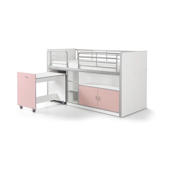 Biało-różowe łóżko piętrowe z wysuwanym biurkiem i schowkiem Vipack Bonny, 200x90 cm