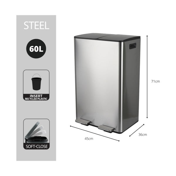 Stalowy kosz na śmieci 2x30 l do segregacji odpadów/z pedałem w kolorze matowego srebra   Aliya – Spirella-image-4