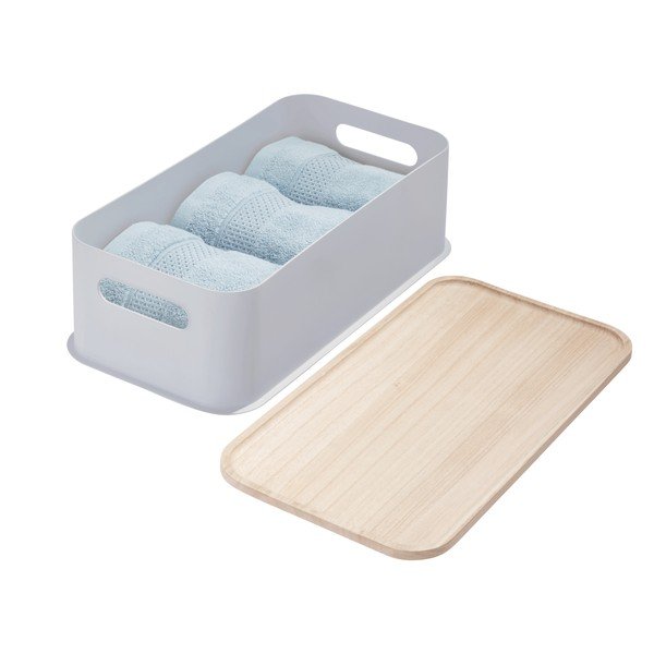 Szary pojemnik z pokrywką z drewna paulownia iDesign Eco Handled, 21,3x43 cm-image-4