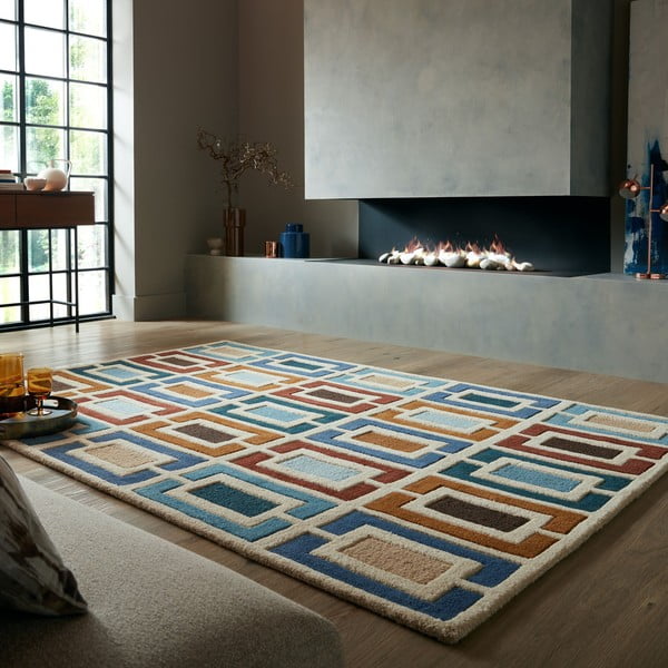 Niebiesko-pomarańczowy wełniany dywan tkany ręcznie 120x170 cm Retro Blocks – Flair Rugs-image-1