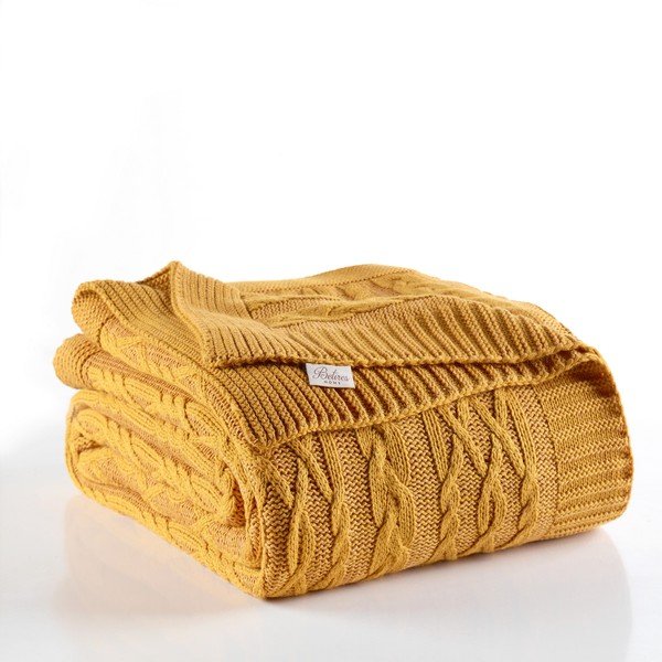 Musztardowożółta narzuta na łóżko z domieszką bawełny Homemania Decor Knit, 220x240 cm-image-1