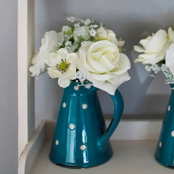 Ceramiczny dzbanek ze sztucznymi kwiatami Blue Polka, 36 cm
