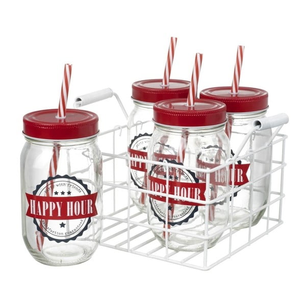 Komplet 4 szklanek ze słomką w koszyku Parlane Jar Red