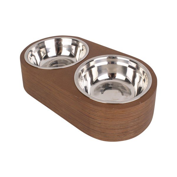 Zestaw 2 metalowych misek i ciemnej drewnianej podstawki PT LIVING Pet, szer. 18 cm-image-2