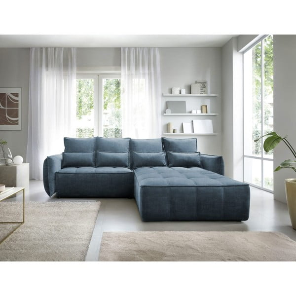 Niebieski aksamitny rozkładany/ze schowkiem narożnik (prawostronny/z szezlongiem) Campo – ELTAP-image-3