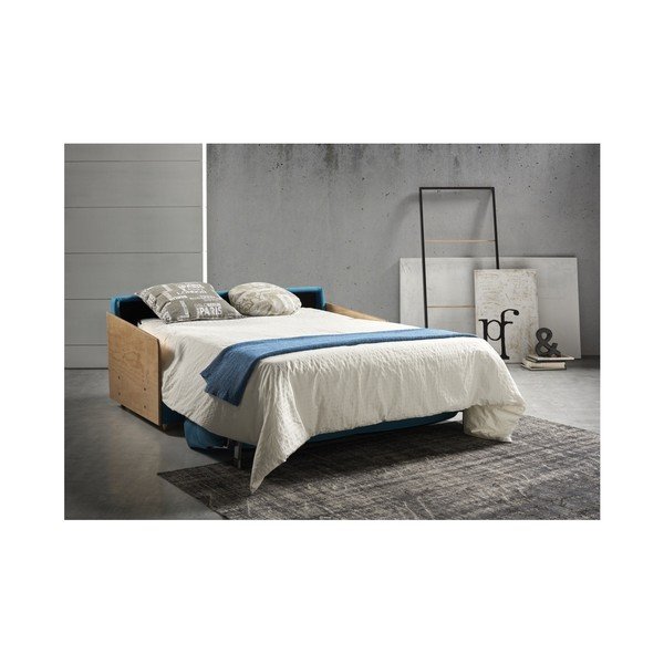 Niebieska sofa rozkładana z drewnianymi podłokietnikami Suinta Como, szer. 148 cm-image-2