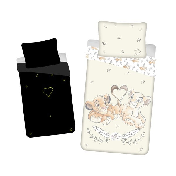 Jasnożółta bawełniana fluorescencyjna pościel dziecięca jednoosobowa 140x200 cm Lion King "Best friends" – Jerry Fabrics