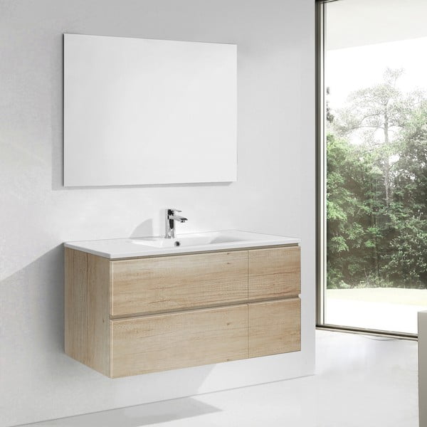 Szafka do łazienki z umywalką i lustrem Capri, motyw drewna, 120 cm
