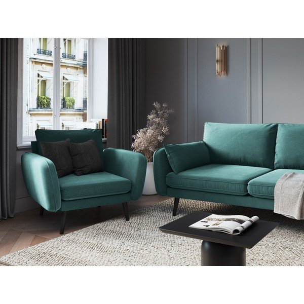 Morski aksamitny fotel z czarnymi nogami Kooko Home Lento-image-1