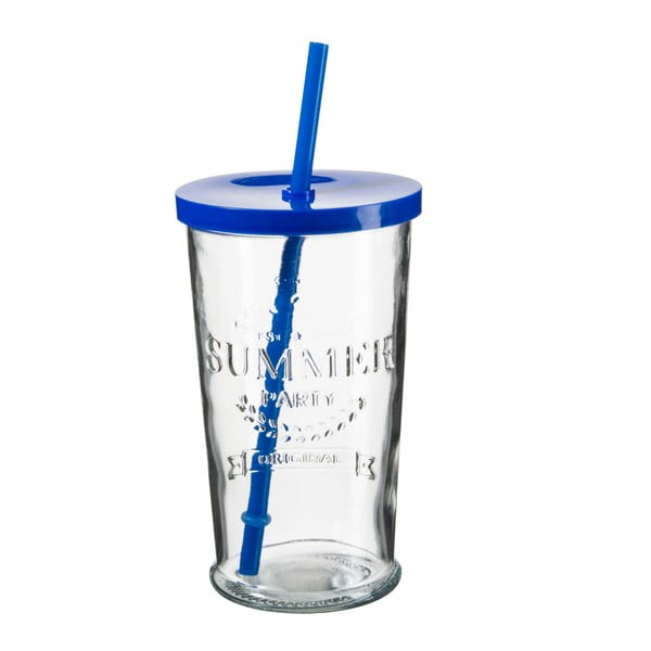 Zestaw 4 szklanek z niebieskim wieczkiem i słomką SUMMER FUN II, 500 ml