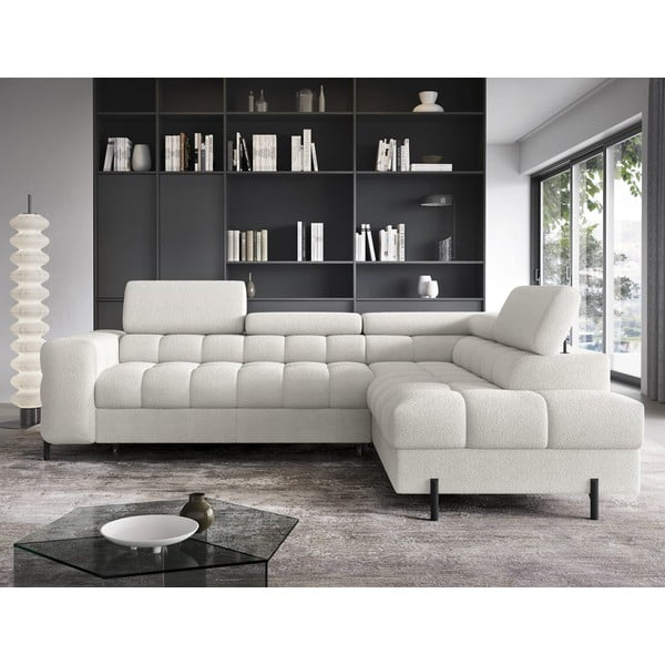 Kremowy rozkładany/ze schowkiem narożnik z materiału bouclé (prawostronny/w kształcie litery L) Ferucce – ELTAP-image-1