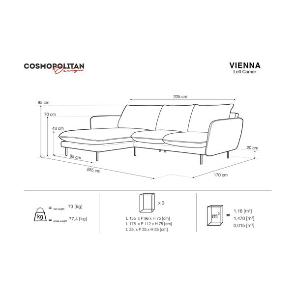 Ciemnoszara sofa narożna Cosmopolitan Design Vienna, lewostronna-image-4